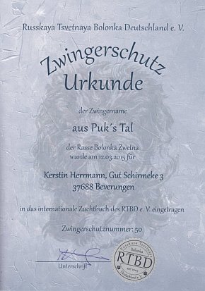 Zwingerschutz-Urkunde des RTBD e.V. für den Bolonka Zwetna-Zwinger "aus Puk's Tal"